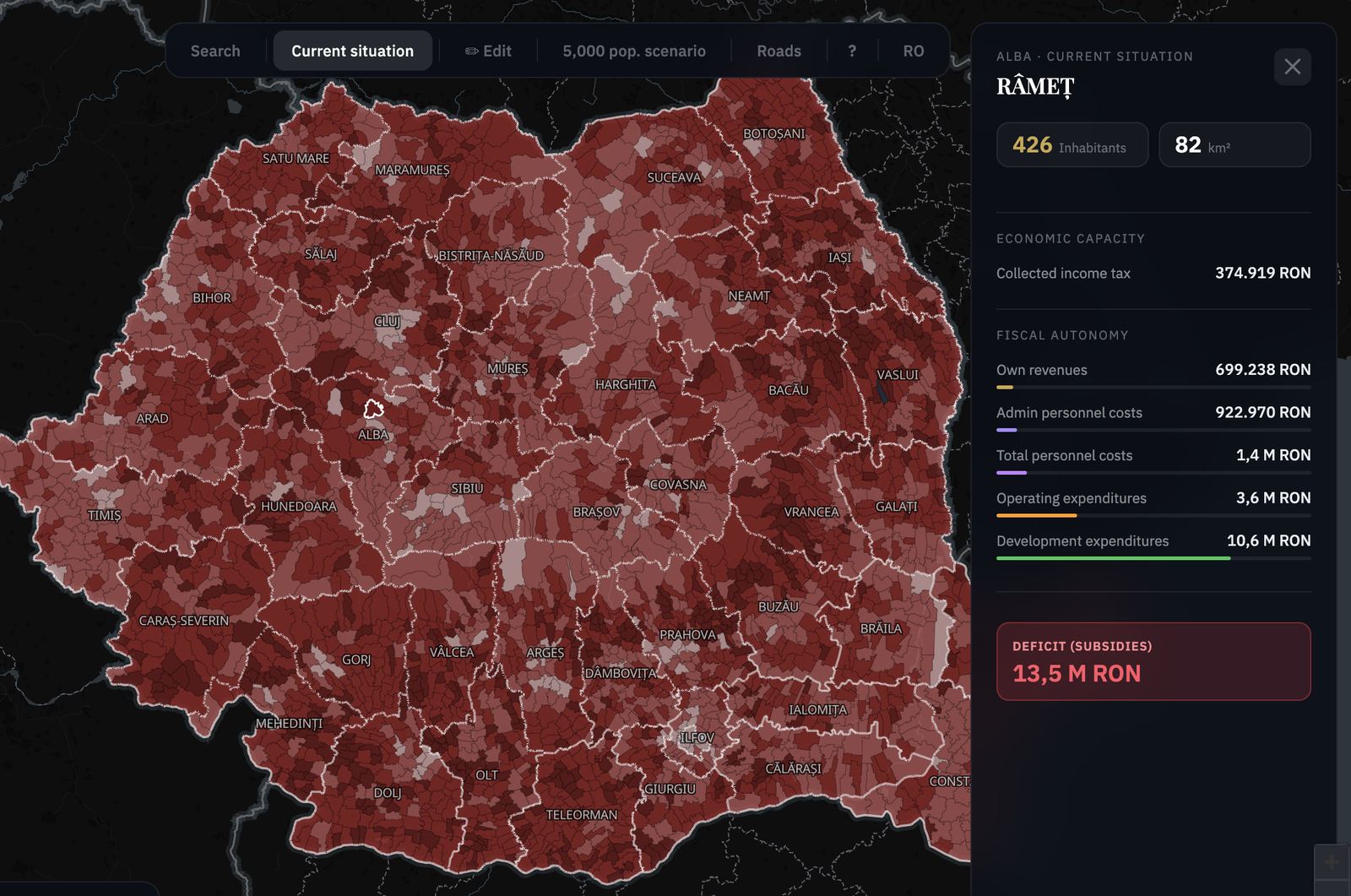 Reforma Administrativă: Romania's communes in edit mode, with finances recomputed for a merged unit.