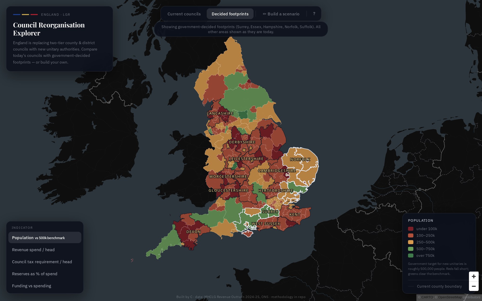 The Council Reorganisation Explorer: England shaded by population against the 500,000 benchmark.